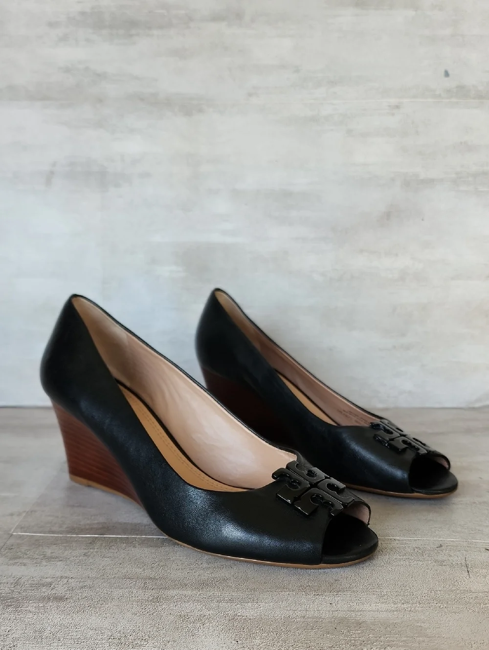 Tory Burch Black Lowell Peep Toe Wedge Pump Size 7.5